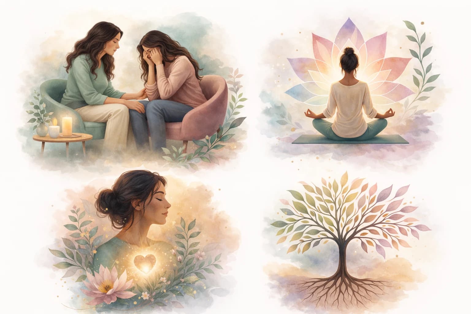 Illustrated counseling, meditation, compassion, and rooted growth motifs representing holistic support.