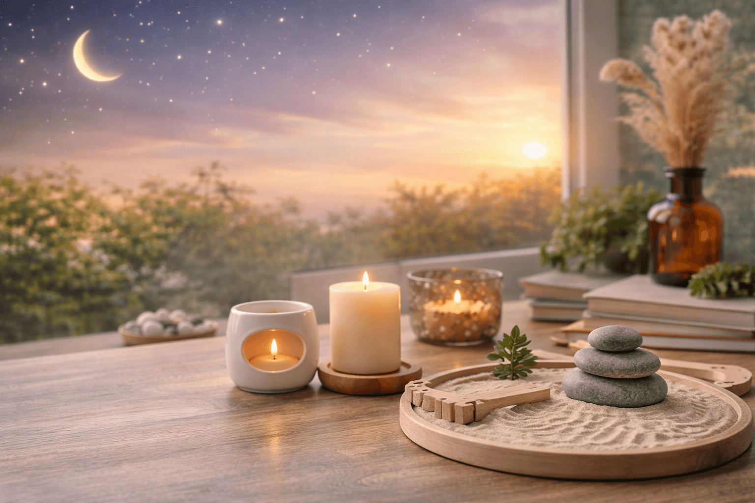 Holistic counseling atmosphere with candles, stones, books, and a sunset sky.