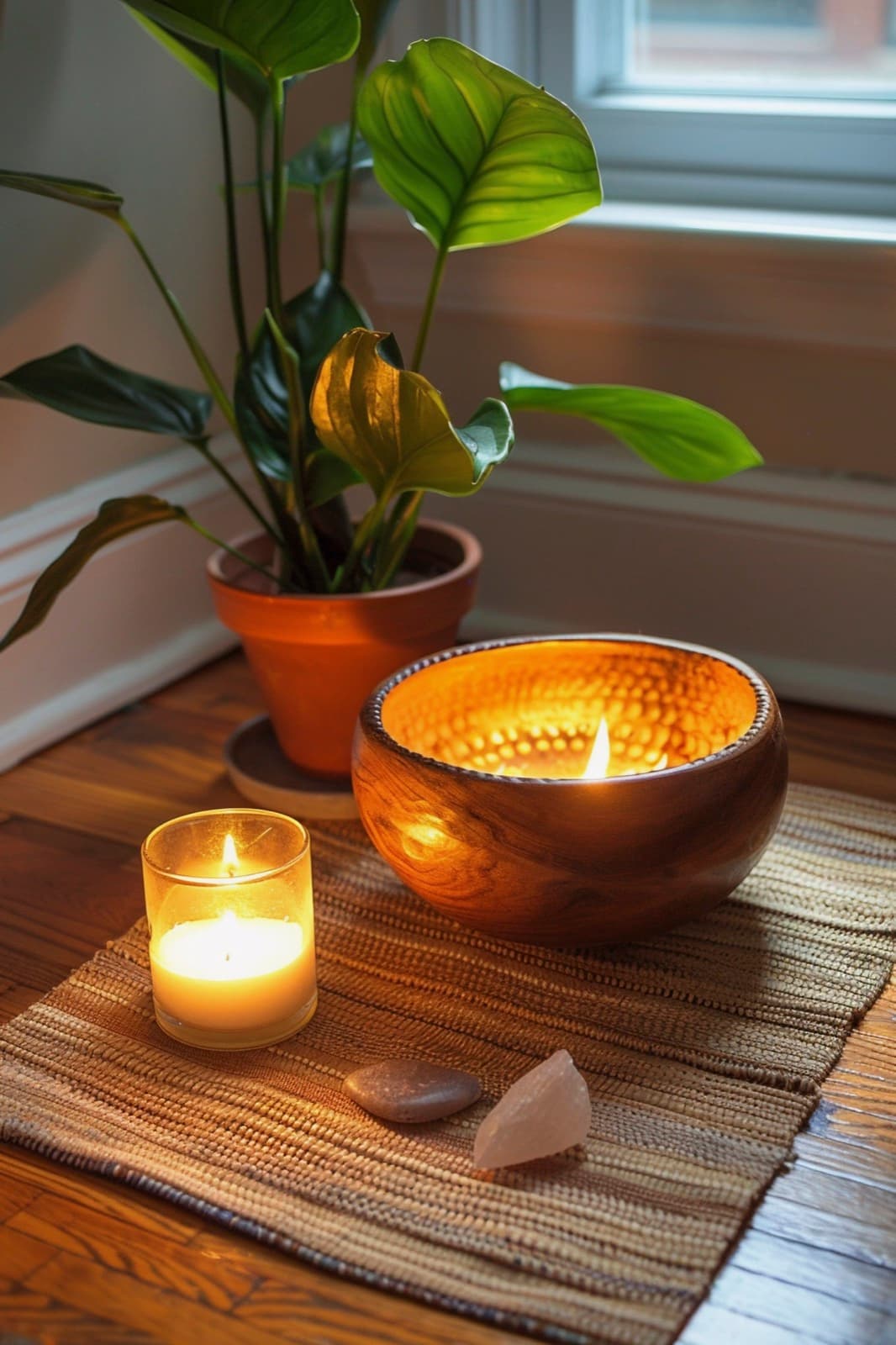A calming still life with candles, a plant, and grounding objects.