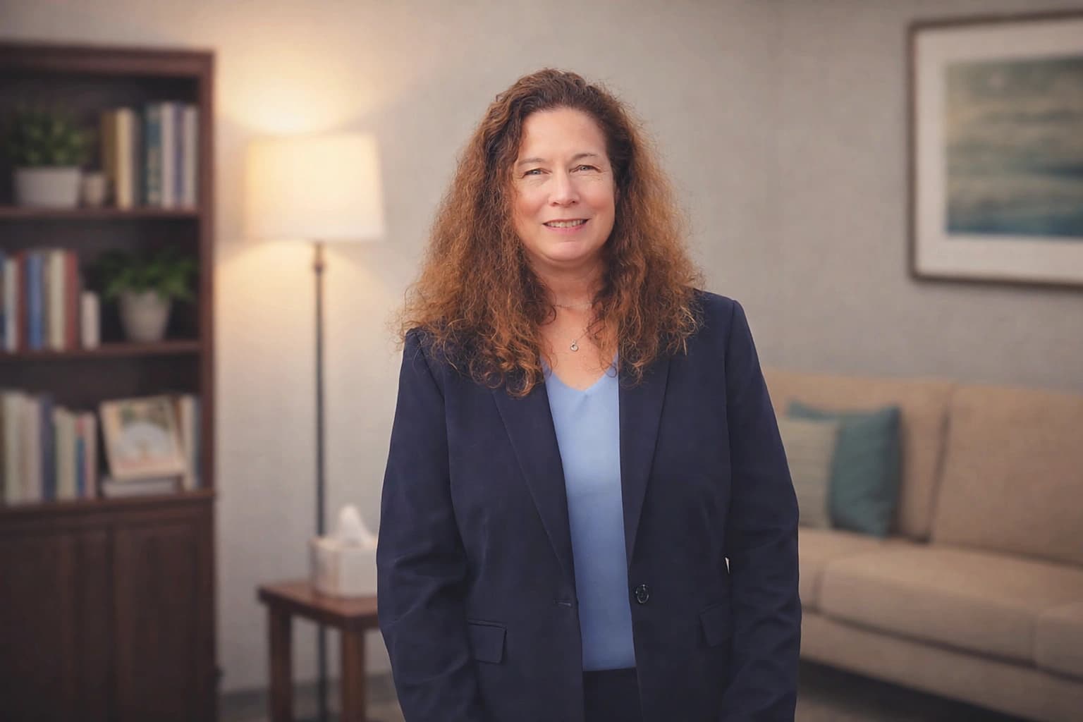 Lizanne Chisholm standing in a counseling office in professional attire.