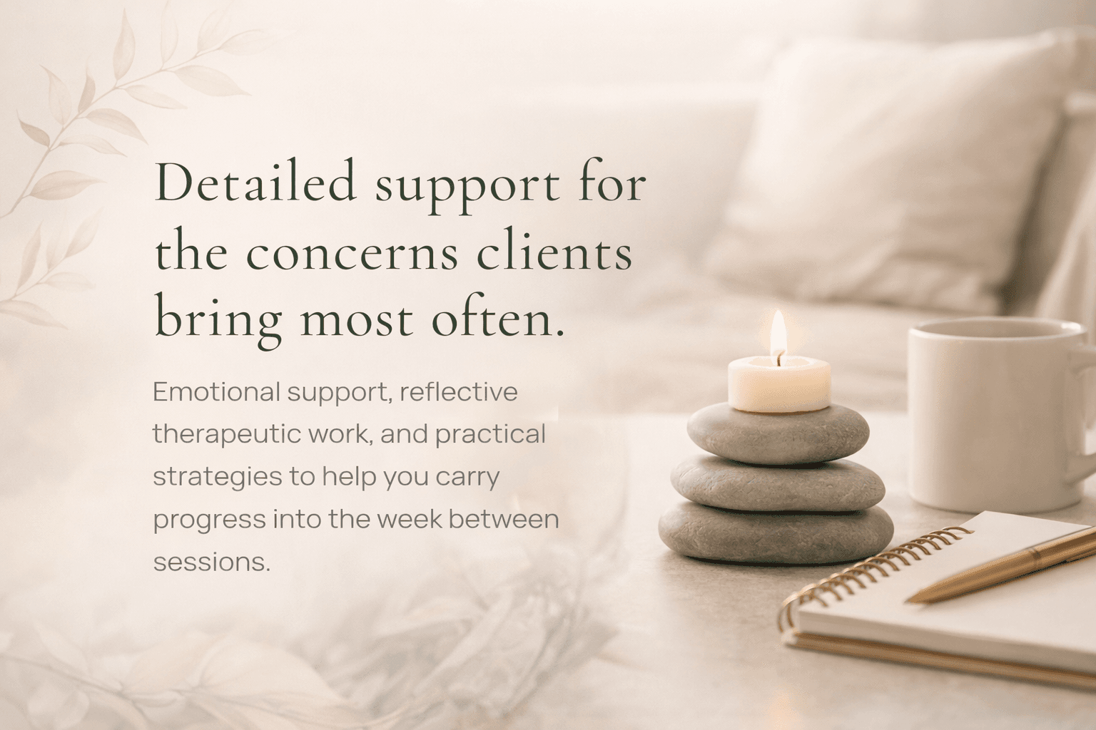 Decorative services cover with stacked stones, a lit candle, tea, and a journal.